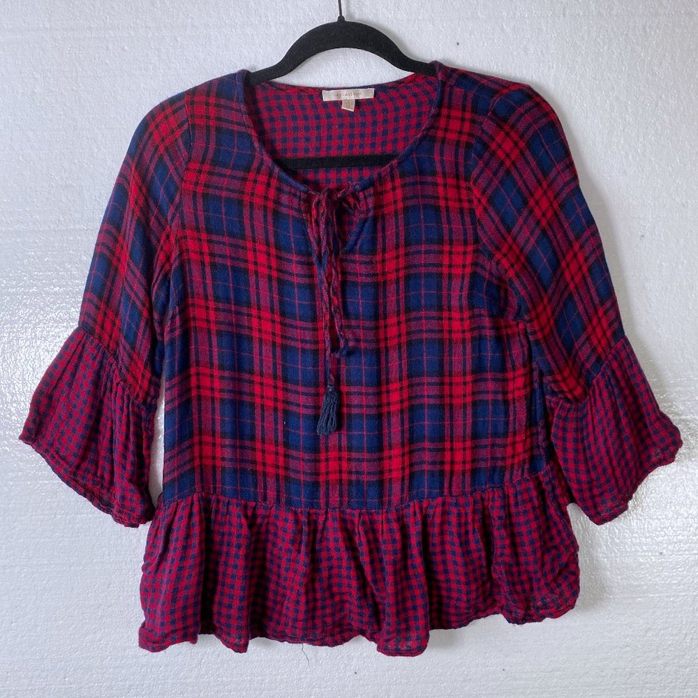 Skies Are Blue XS Plaid Ruffle Peplum Top Blouse